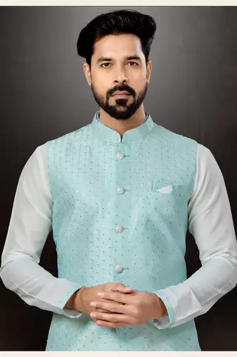 Off white silk dupion  kurta pajama & jacket set