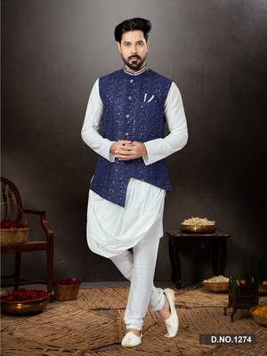 Off white silk dupion  kurta pajama & jacket set 1