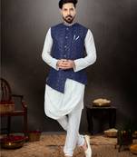 Off white silk dupion  kurta pajama & jacket set