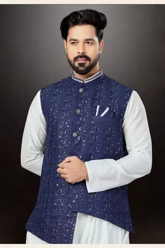 Off white silk dupion  kurta pajama & jacket set
