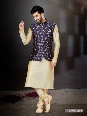 Gold silk dupion  kurta pajama & jacket set 1