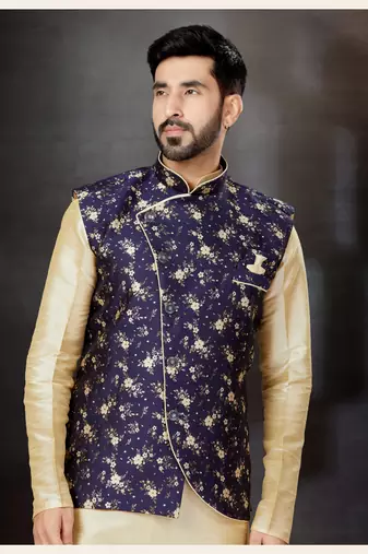 Gold silk dupion  kurta pajama & jacket set