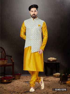 Yellow silk dupion  kurta pajama & jacket set 1