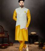 Yellow silk dupion  kurta pajama & jacket set