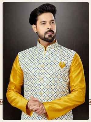 Yellow silk dupion  kurta pajama & jacket set 2