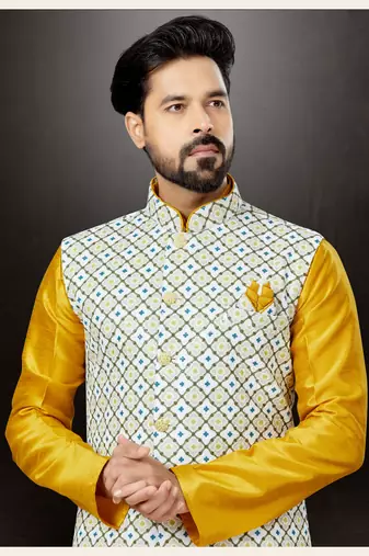 Yellow silk dupion  kurta pajama & jacket set
