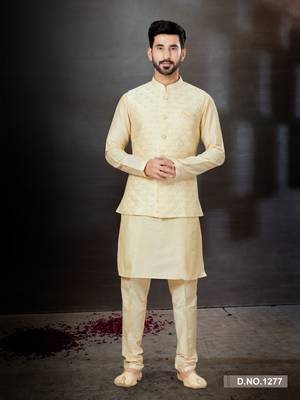 Gold silk dupion  kurta pajama & jacket set 1