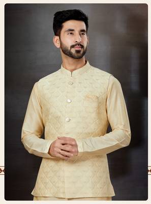 Gold silk dupion  kurta pajama & jacket set 2