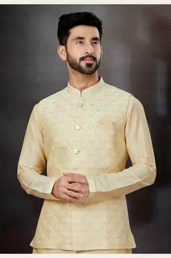 Gold silk dupion  kurta pajama & jacket set