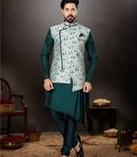 Bottal green silk dupion  kurta pajama & jacket set