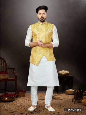 Off white silk dupion  kurta pajama & jacket set 1