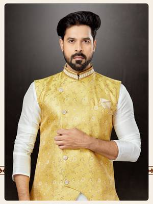 Off white silk dupion  kurta pajama & jacket set 2