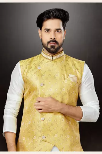 Off white silk dupion  kurta pajama & jacket set