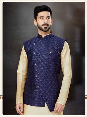 Gold silk dupion  kurta pajama & jacket set 1