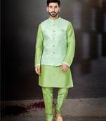 Sea green silk dupion  kurta pajama & jacket set