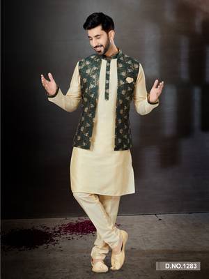 gold silk dupion kurta pajama with green floral jacket 1