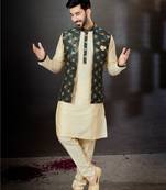 gold silk dupion kurta pajama with green floral jacket