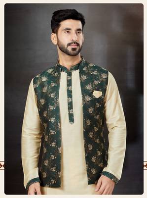 gold silk dupion kurta pajama with green floral jacket 2