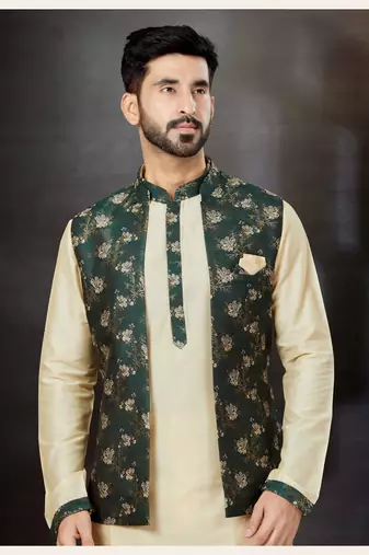gold silk dupion kurta pajama with green floral jacket