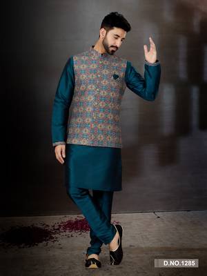 Bottal green silk dupion  kurta pajama & jacket set 1