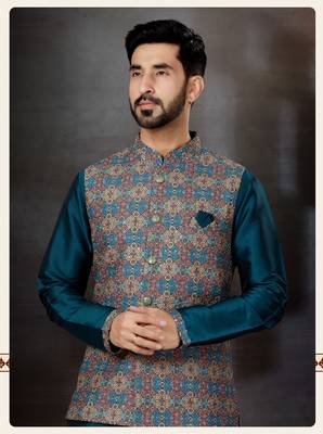 Bottal green silk dupion  kurta pajama & jacket set 2