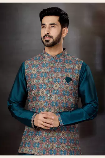 Bottal green silk dupion  kurta pajama & jacket set