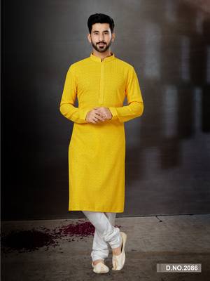 Yellow rayon full embroidered lucknowi chikankari  kurta pajama set 1