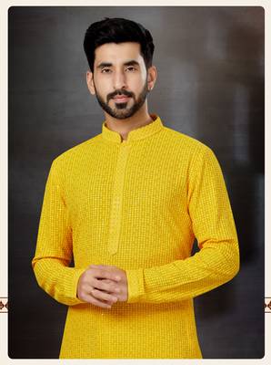 Yellow rayon full embroidered lucknowi chikankari  kurta pajama set 2