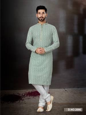Rama green to off white purvi full embroidered lucknowi chikankari  kurta pajama set 1