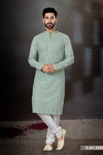 Rama green to off white purvi full embroidered lucknowi chikankari  kurta pajama set