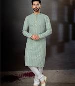 Rama green to off white purvi full embroidered lucknowi chikankari  kurta pajama set