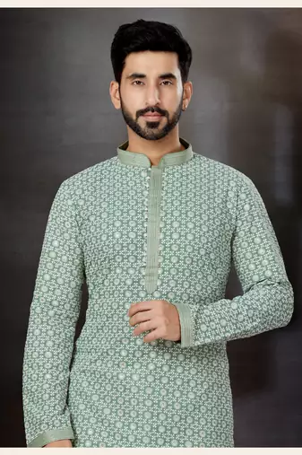 Rama green to off white purvi full embroidered lucknowi chikankari  kurta pajama set