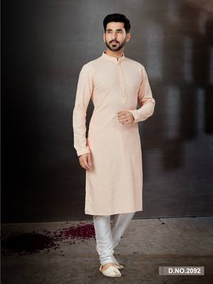 Peach rayon full embroidered lucknowi chikankari  kurta pajama set 1