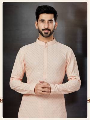 Peach rayon full embroidered lucknowi chikankari  kurta pajama set 2