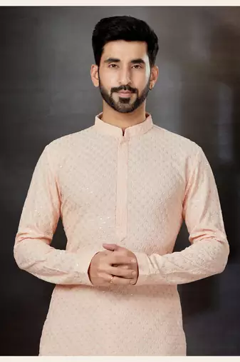 Peach rayon full embroidered lucknowi chikankari  kurta pajama set