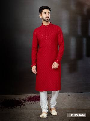 Red rayon full embroidered lucknowi chikankari  kurta pajama set 1