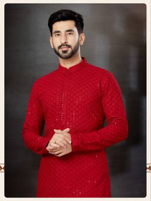 Red rayon full embroidered lucknowi chikankari  kurta pajama set 2