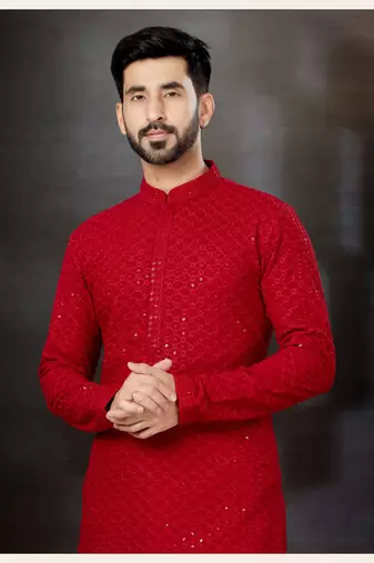 Red rayon full embroidered lucknowi chikankari  kurta pajama set
