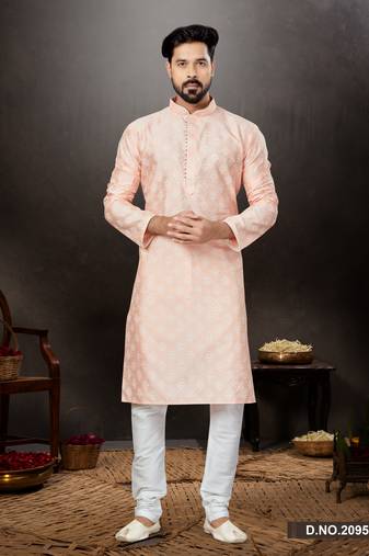 Pink prined silk dupion  kurta pajama set