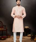 Pink prined silk dupion  kurta pajama set