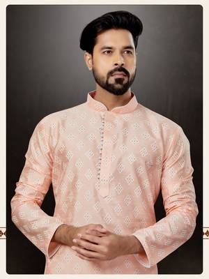 Pink prined silk dupion  kurta pajama set 2