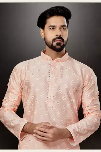 Pink prined silk dupion  kurta pajama set