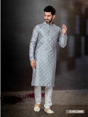 Gray    prined silk dupion  kurta pajama set 1