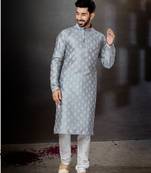 Gray    prined silk dupion  kurta pajama set