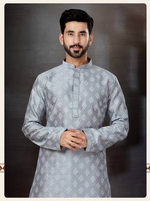 Gray    prined silk dupion  kurta pajama set 2