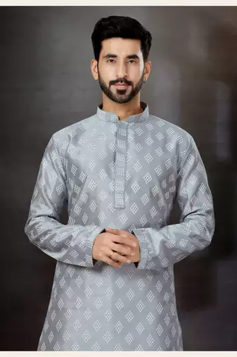 Gray    prined silk dupion  kurta pajama set