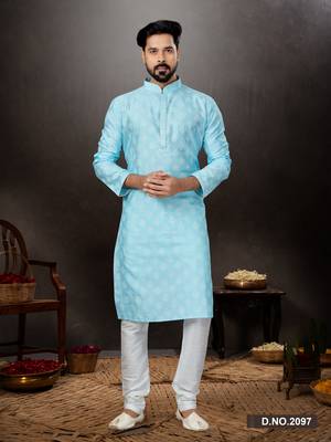 Sky blue prined silk dupion  kurta pajama set 1