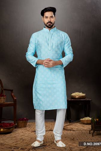 Sky blue prined silk dupion  kurta pajama set