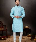 Sky blue prined silk dupion  kurta pajama set