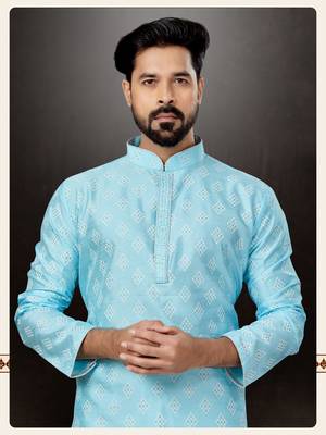 Sky blue prined silk dupion  kurta pajama set 2